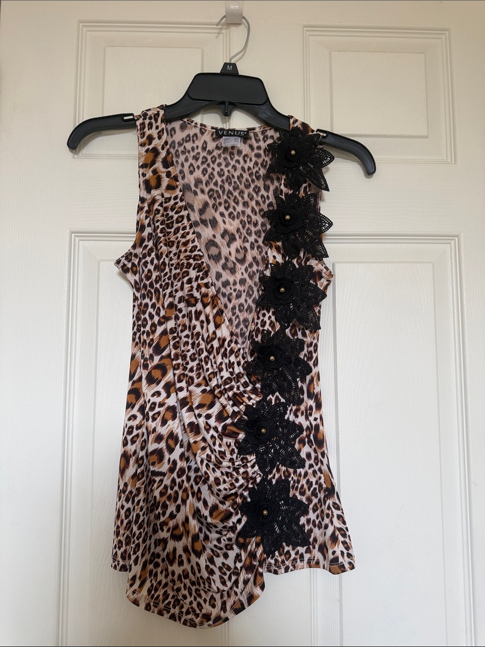 VENUS Leopard-Print Sleeveless Top with Black Floral Appliqués